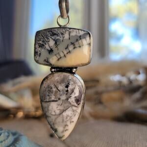 Dendritic Opal Pendant Sterling Silver, Handmade Black & White Gemstone Necklace